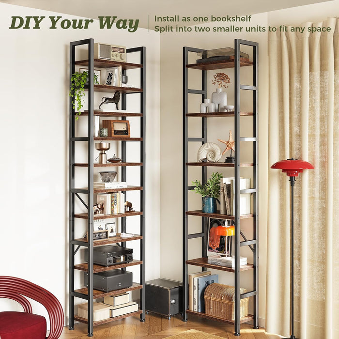 6 Tier Bookshelf, 75'' Tall Bookcase, 17 Open Shelves, Rustic Brown