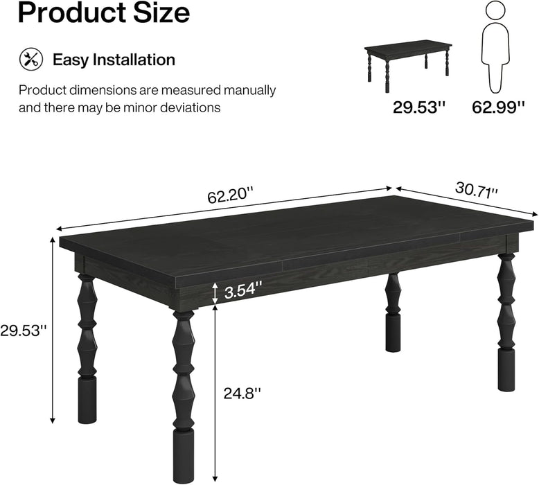 62” Wood Dining Table for 4-6 People, Farmhouse Large Rectangle Kitchen Table, Modern Dinner Table Kitchen & Dining Room Furniture with Carved Turned Legs