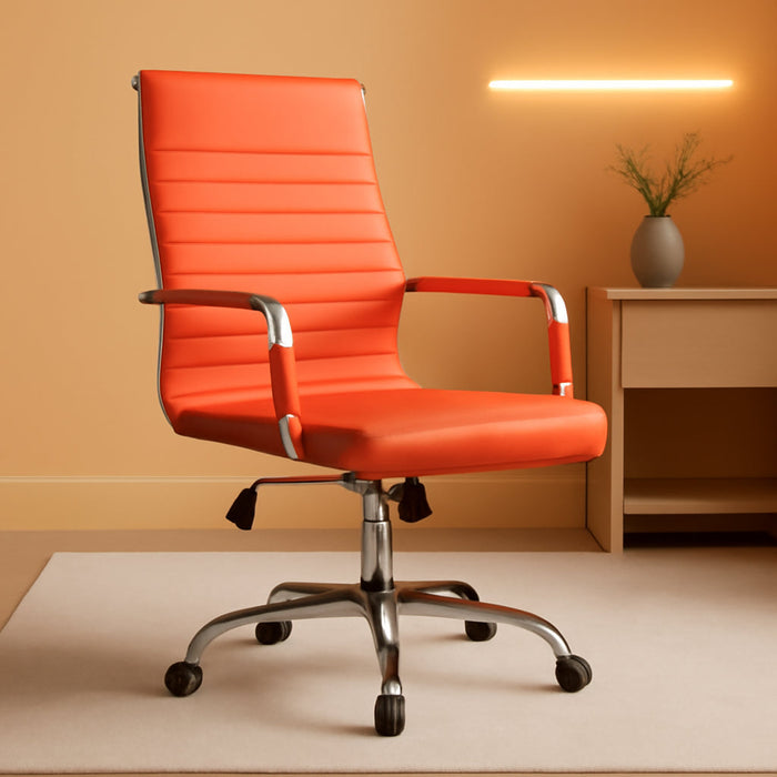 Ribbed Office Desk Chair Mid-Back Leather Executive Conference Task Chair Adjustable Swivel Chair with Arms (Orange)