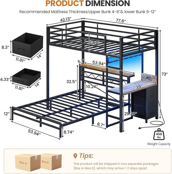 Twin over Full Bunk Bed with Desk,Led Lights and 4 Drawers,Metal Bunk Beds with Storage Headboard and Charging Station,L-Shaped Bunk Bed for Kids/Teen with Safety Guardrail and Ladder,Black