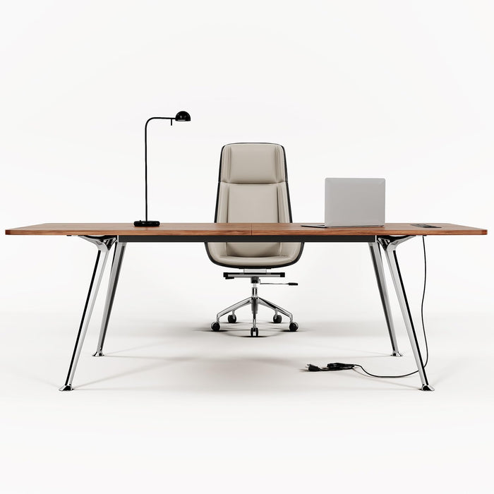 Writing Computer Desk, 60-Inch Large Executive Desk Office Workstation with Chrome-Plated Legs and Built-In Power Outlet, Writing Table Business Furniture, Modern Minimalist Style for Home Office