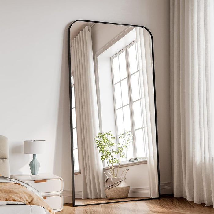 Full Length Mirror, 76"X34" Mirror Full Length with Stand, Black Domed Top Square-Edged Floor Mirror with Aluminum Alloy Frame for Bedroom Living Room