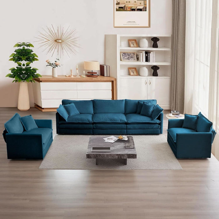 Luxury 3 Piece Sofa Set, 2 Pieces of Single Sofa and 1 Piece of 3 Seater Sofa, Modern Chenille Comfy Cloud Couches Set with 7 Pillows for Living Room Office, Blue
