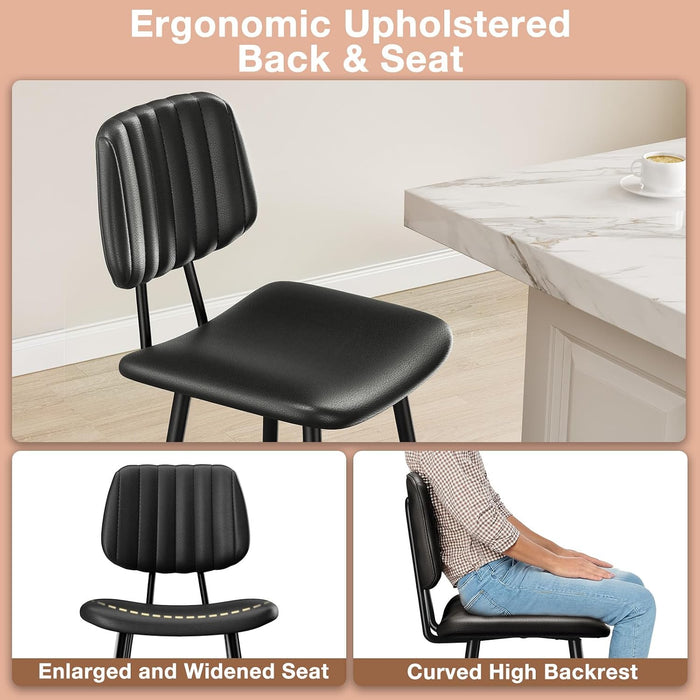 24-Inch Leather Bar Stools Set of 3 with High Backrest, Black | Faux Leather, Counter Height Barstools, Heavy Duty Metal Legs, with Footrest, for Kitchen Island