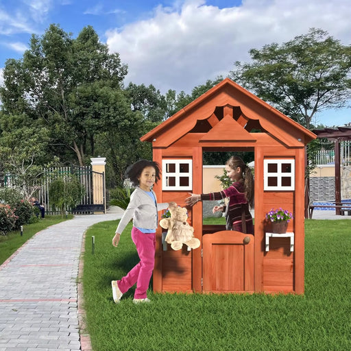 Outdoor Playhouse, Wooden Kids Playhouse for Kids 3-8, Kids Outdoor Playhouse with Front Door, Windows, Flowerpot Holder & Side