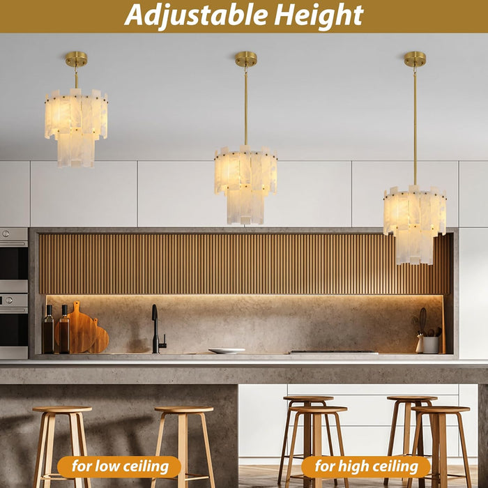 Alabaster round Chandelier, 2-Tier Spanish Alabaster Chandeliers, Warm White, 13" Modern Small Gold Marble Pendant Chandeliers for Foyer, Kitchen Island, Dining Room, Bedroom