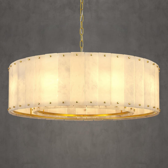 Alabaster Chandelier,D32In Marble round Alabaster Chandeliers,Modern Brass Living Room Chandelier,Adjustable Gold Chandeliers for Dining Room,Bedroom,Bathroom,Foyer,E12 Bulbs Included
