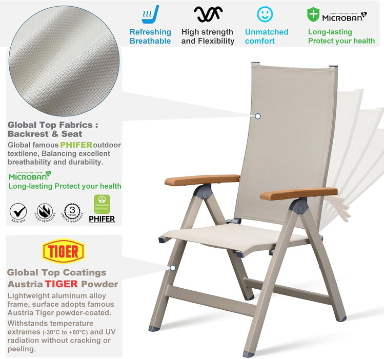 Adjustable Folding Chair, Indoor & Outdoor Balcony, Patio Porch, Garden Lawn, Pool, for Comfortable Foldable Chairs, Portable Cozy Recliner, Metal Frame with Teak Armrest, Durable