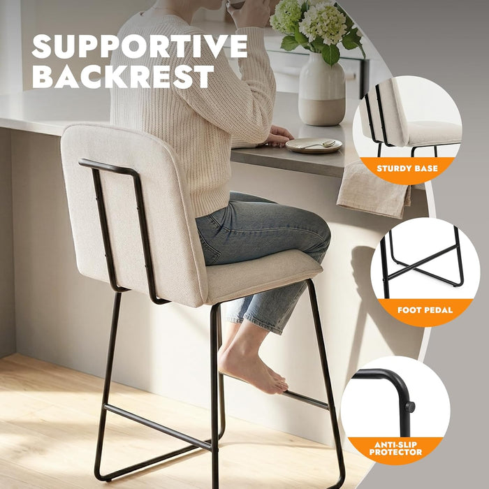 Bar Stools Set of 2, 26" Counter Height Bar Stools with Back, Modern Linen Fabric Upholstered Barstools with Metal Frame & Footrest for Kitchen Island, Home Bar, Beige