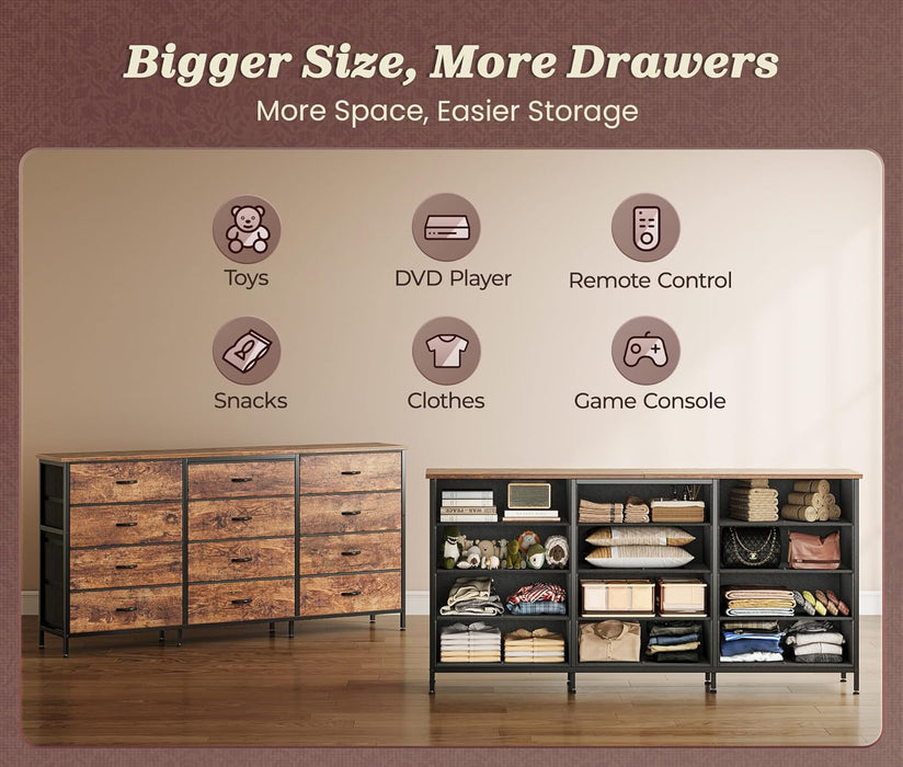 63 Inch Long Dresser for Bedroom, TV Stand for 65, 70 Inch TV, 12 Drawer Dresser for Closet, Chest of Drawers, Large Fabric Drawers for Bedroom, Media Console, Rustic Brown
