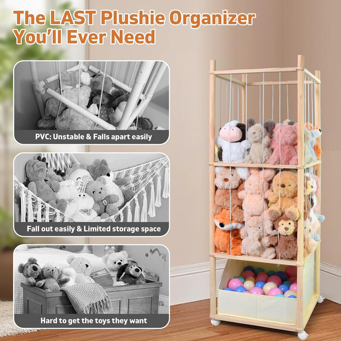 Stuffed Animal Storage with Tiny Toys Tray, Wood Stuffed Animal Zoo Storage with Brake Wheels, Space-Saving Plushie Playhouse for Nursery, Playroom, Kids Bedroom- Easy Assembly