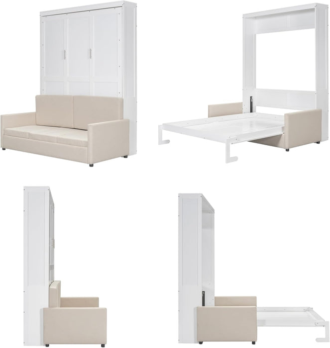 Queen Size Murphy Bed, Foldable Cube Bed Platform Bedframe with Sofa, Wooden Slat Support for Guest Room, Study, Office, White