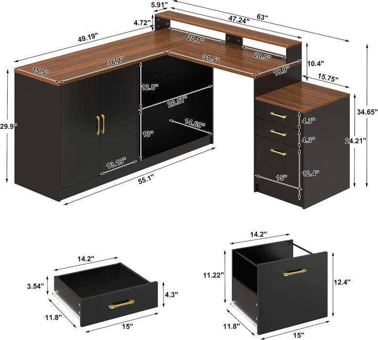 63" L Shaped Executive Desk with Drawers & Monitor Stand, Corner Desk