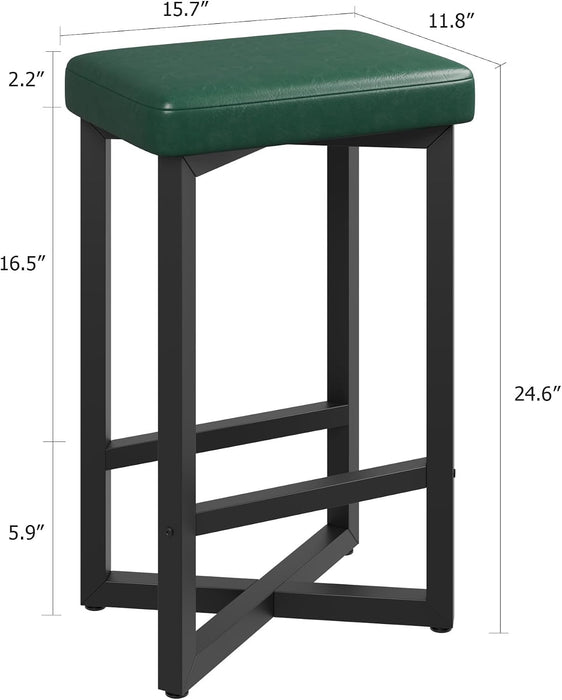 24.6" Bar Stools Set of 4 with PU Leather Upholstered Seats, Green | Counter Height Bar Stools with Metal Frame & Footrest, Modern Backless Kitchen Barstools for Home Bar, Dining Room