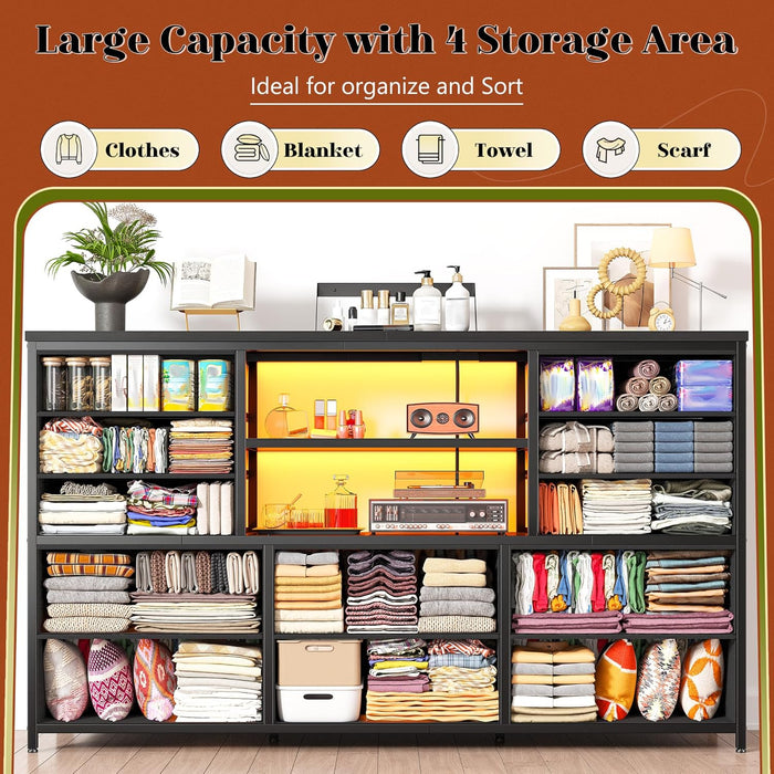 12 Drawers Dresser for Bedroom with LED Lights & Charging Station,Tv Stand for 55-60 Inch Tv,Fabric Dressers & Chests of Drawers with 3 Wooden Shelves for Hallway,Black Wood Grain