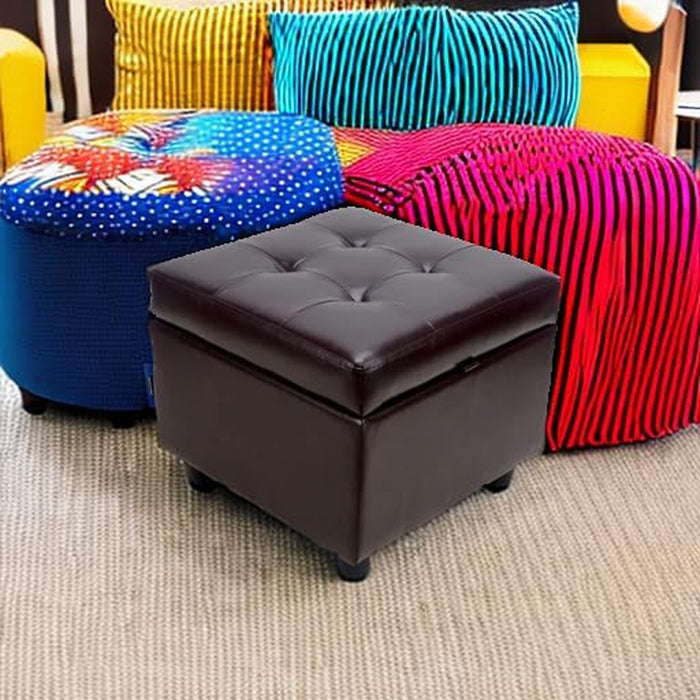 Tufted Leather Square Flip Top Storage Ottoman Cube Foot Rest (Brown with Storage)