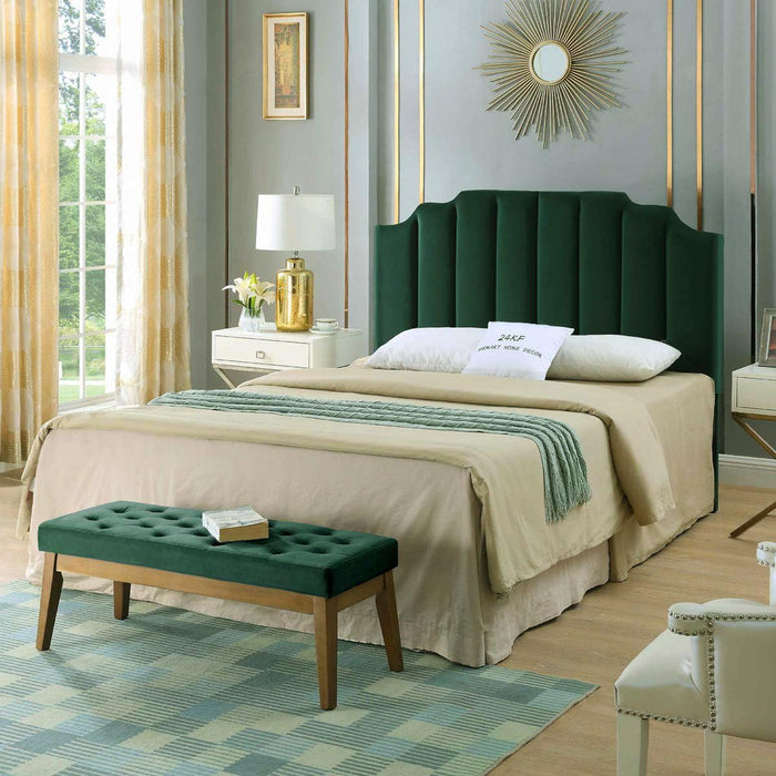 Jade Velvet Tufted Queen Upholstered Headboard, Modern Vertical Channel Design California Queen/Full Headboard with Stepped Silhouette Top Edge,Jade
