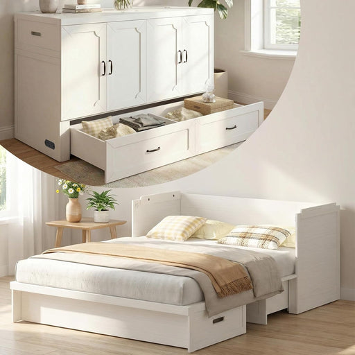 Queen Murphy Bed With Mattress White StorageDrawer