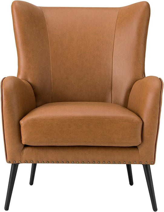Faux Leather Accent Chair W/Removable Cushion, Comfy Upholstered Armchair with Black Metal Legs & Nailhead Trim Wingback Vanity Chair Desk Chair for Reading Living Room Bedroom, Camel