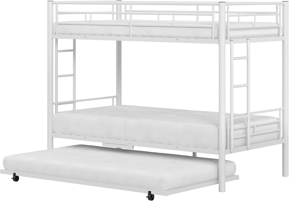 Bunk Bed Twin over Twin with Trundle, Metal Bunkbeds with Ladder and Full-Length Guardrail, No Box Spring Needed, Space Saving, Noise Free, White