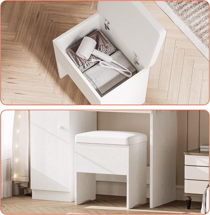 White Vanity Desk Illuminated Mirror Storage Cabinet