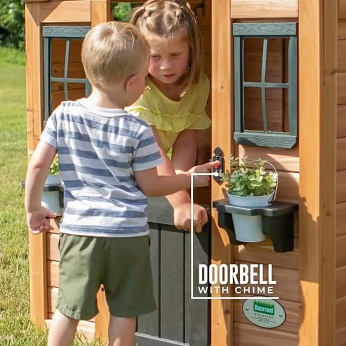 Cedar Wooden Playhouse Light Brown with Wide Windows and Accessories