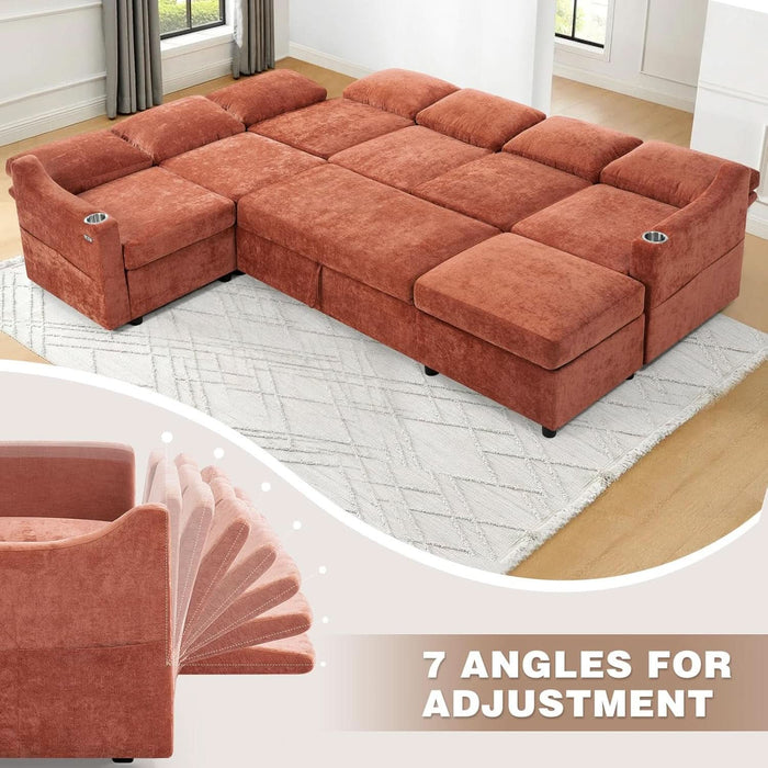 116Inch Orange ChenilleFabric Modular Sleeper Sofa USB