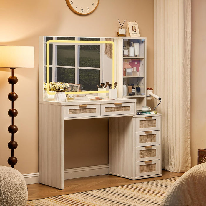 Fluted Makeup Vanity Desk with Mirror and Lights, 43.5'' Blue Vanity Table with Glass Top and Power Outlet, Make up Vanity with 6 Drawers and Adjustable Shelves for Bedroom