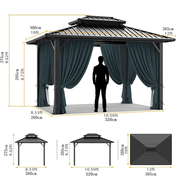 Hoteel 10X12 Hardtop Gazebo with Heavy Duty Galvanized Steel Double Roof, Flame-Resistant Curtains and Netting, Outdoor Gazebo with Aluminum Frame Permanent Gazebo for Backyard, Patio and Lawn,Black