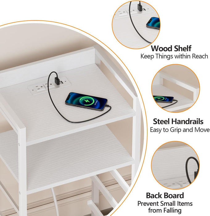 White Nightstand With Charging Station LED Lighting