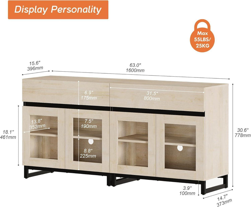 2 in 1 Multifunctional Sideboard Buffet Cabinets with 4 Glass Doors, Modern Sideboard Credenza, Coffee Bar Cabinet for Living Room, Kitchen, Light Oak