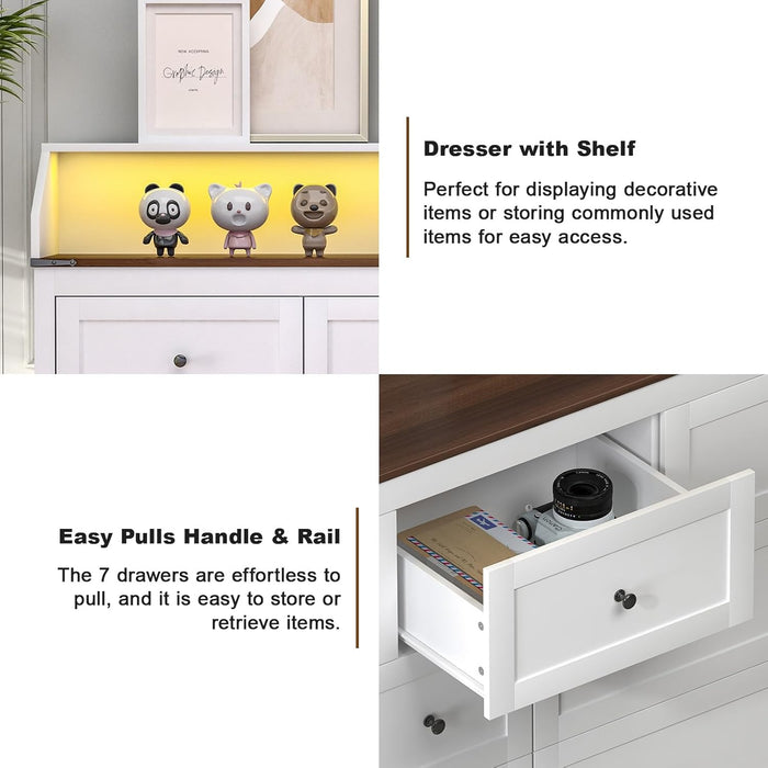 LED Dresser with Charging Station, 7 Drawer Dresser for Bedroom, Chest of Drawers with RGB Lights, Wood Dresser with Deep Drawers for Bedroom, Hallway, White Dresser