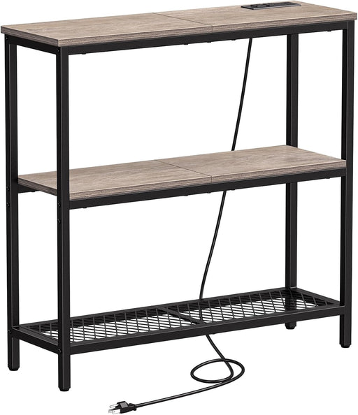 Console Table with Power Outlets, Entryway Table with Storage, Narrow Sofa Table with 3 Tier Shelves, 2 USB Ports, 2 Power Outlets, Hallway Table for Couch, Living Room, Entrance, Grey