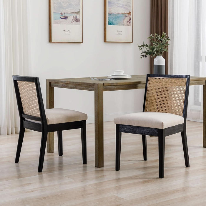 Rattan Dining Chairs Set of 6, Farmhouse Kitchen Chairs with Cane Back, Upholstered Dining Room Chairs Comfy Side Wood Chair for Living Room/Restaurant, Black Cream