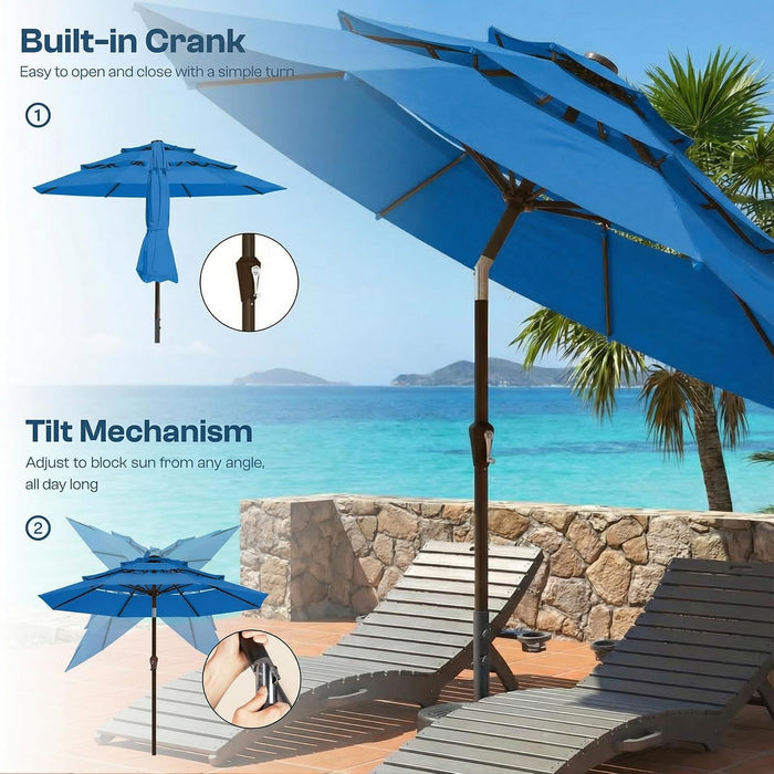 10Ft Patio Umbrella, 3 Tier Outdoor Market Table Umbrellas with 8 Fiberglass Ribs and Push Button Tilt, Windproof, Vented Canopy, UV Protection for Deck, Pool, Backyard