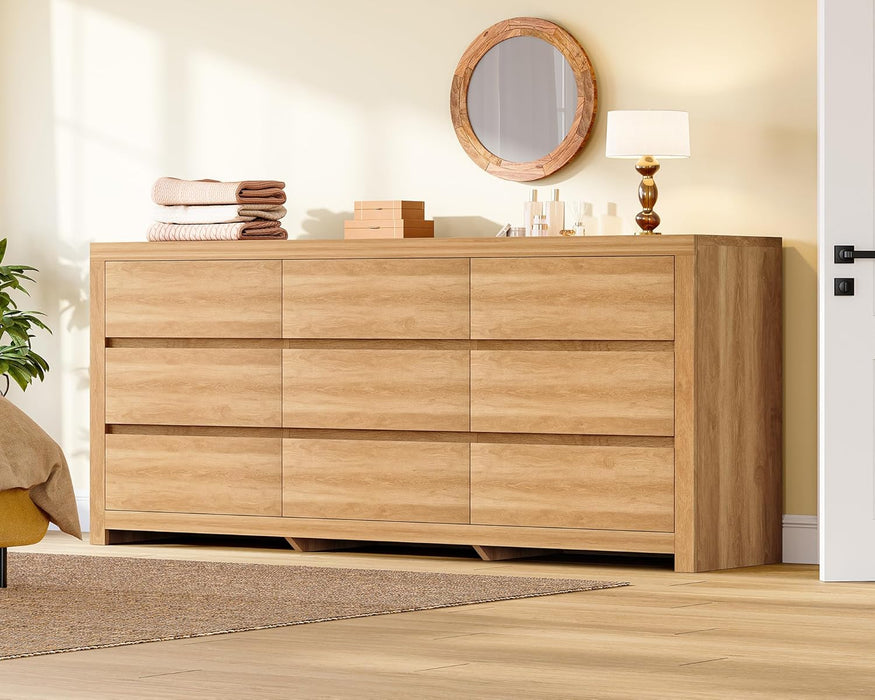 63" Dresser for Bedroom with 9 Drawers, Modern Dressers & Chests of Drawers with Metal Handles, Wooden Dresser TV Stand, Bedroom Dressers, for Bedroom, Hallway, Natural