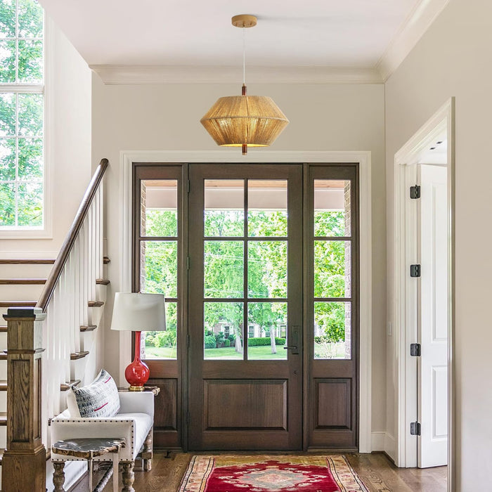 Modern Farmhouse Boho Chandelier,3-Light Chandeliers for Dining Room Light Fixture,Adjustable Rustic Pendant Light Hanging Fixture for Kitchen Island Foyer Entryway,Handwoven Cotton Rope Shade