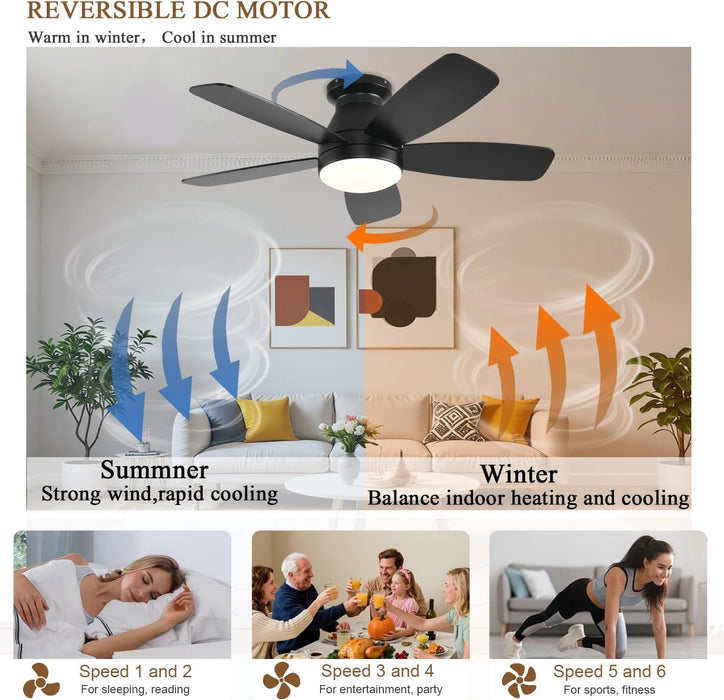 42Inch Ceiling Fans with Lights, Low Profile Ceiling Fan with Light and Remote Control, Flush Mount, Reversible DC Motor, Dimmable, Quiet, Black Small Ceiling Fan for Bedroom Indoor/Outdoor Use