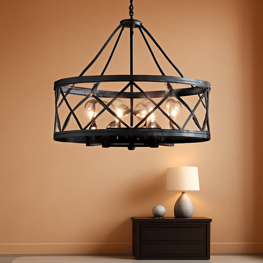 21.65" Black Chandelier, 6-Light Modern Farmhouse Dining Room Chandelier, Industrial Metal Cage Chandelier Hanging Light Fixture for Kitchen Island, Foyer, Entryway, Staircase, Living Room