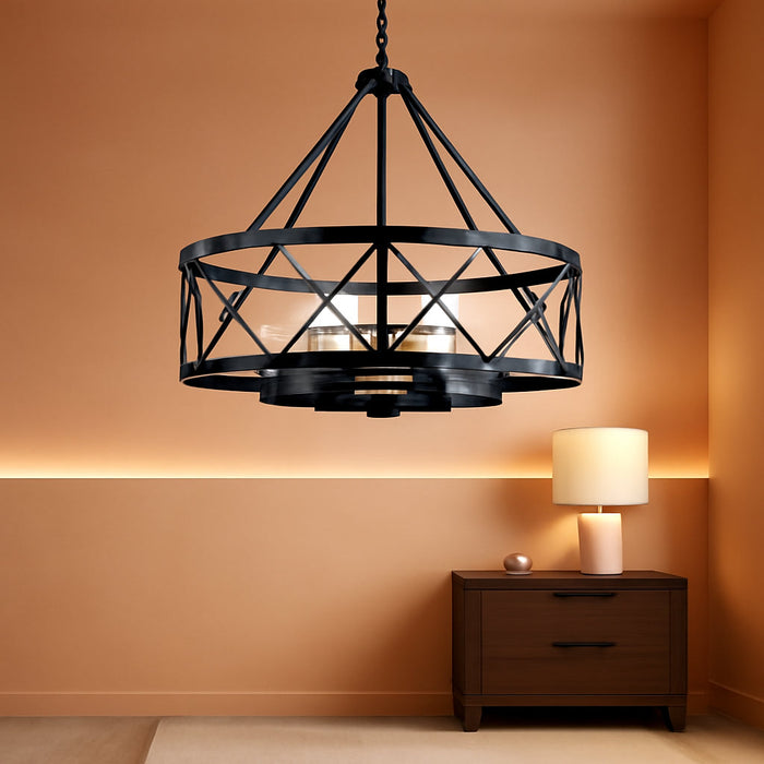 21.65" Black Chandelier, 6-Light Modern Farmhouse Dining Room Chandelier, Industrial Metal Cage Chandelier Hanging Light Fixture for Kitchen Island, Foyer, Entryway, Staircase, Living Room
