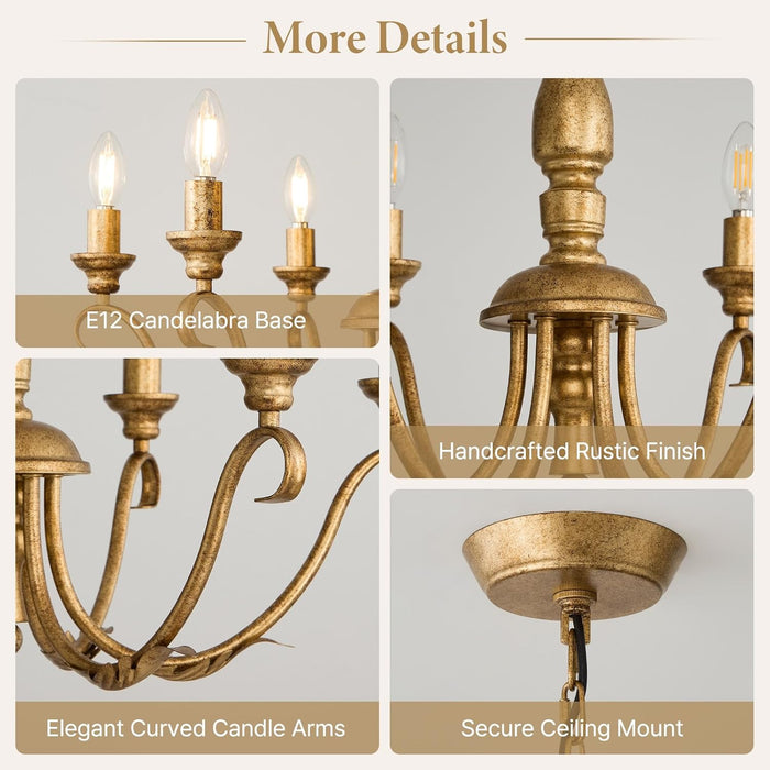 Farmhouse Vintage Antique Brass Chandelier: Distressed Gold Candle Fixture