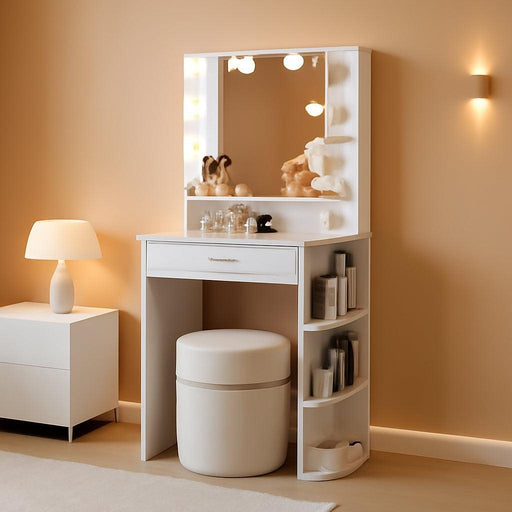 Makeup Vanity Desk with Mirror and Lights, 26.4”Small Vanity Mirror with Lights with Large Drawer and 6 Level Storage, White Vanity with Large Led Mirror with 3 Color Lighting Modes (White)