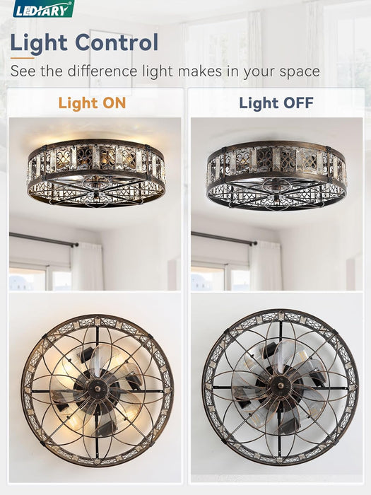 20" Caged Ceiling Fans with Lights,Flush Mount Vintage Victorian Rustic Crystal Fandelier,Low Profile Farmhouse Enclosed Ceiling Fan with Light and Remote for Bedroom,Kitchen,Indoor,Black Gold