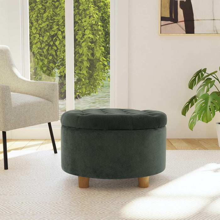 Home Decor | Large Button Tufted Velvet round Storage Ottoman | Ottoman with Storage for Living Room & Bedroom, Loden Green Velvet, 28"