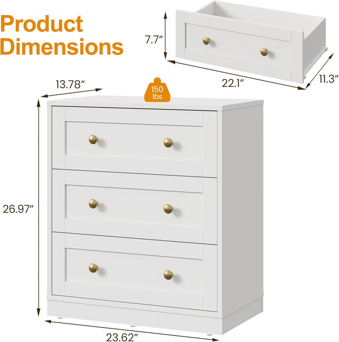White 3 Drawer Dresser, Small Dresser for Bedroom, Wood Nightstand with Drawers, Modern Chest of Drawers for Closet, Living Room, Entryway