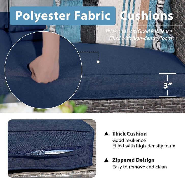 Patio Furniture Set, 4 Piece Outdoor Patio Conversation Set, All-Weather PE Rattan Wicker Sectional Patio Sofa Set with Tempered Glass Coffee Table for Family Gatherings, Navy Blue