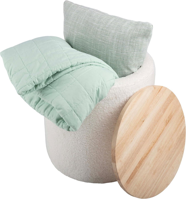 Storage Ottoman - Teddy Fabric Upholstered Ottoman with Wood Top for Living Room, Dorm, or Apartment - Ottomans with Storage (Cream)