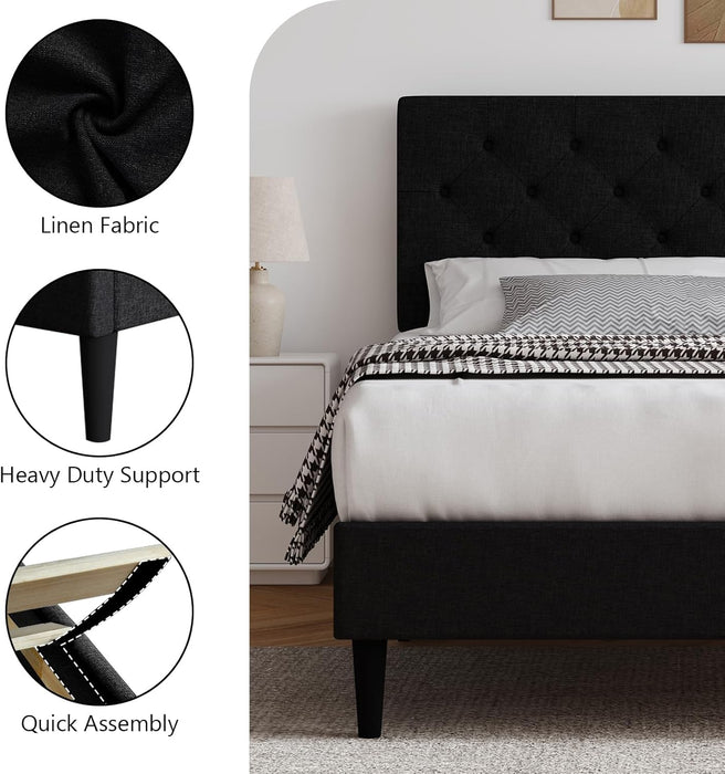 Queen Size Bed Frame with Headboard, Linen Fabric Upholstered Platform Bed Frame, Button Tufted Bed Frame Queen, Wooden Slat Support, No Box Spring Needed, Easy Assembly, Black