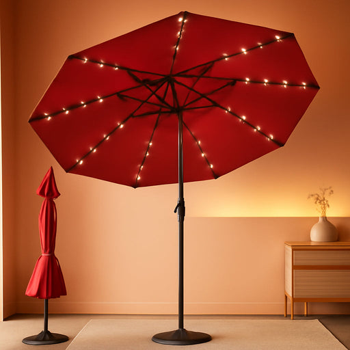 9FT Patio Umbrella with Solar Lights,Outdoor Market Umbrella with Tilt and Crank, LED Lighted Table Umbrella for Garden,Deck,Backyard,Pool,Beach