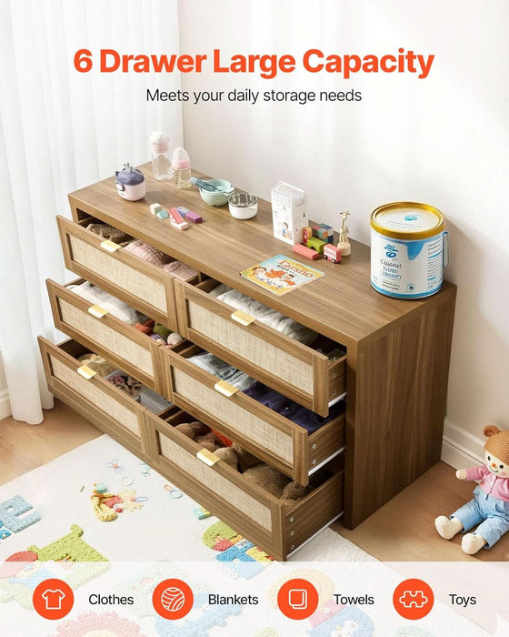 Large Boho Dresser for Bedroom, 57" Wide Rattan Dresser 6 Drawer with Ample Storage, Modern Wood Chest of Drawers Closet TV Stand Dressers for Living Room, Walnut Oak